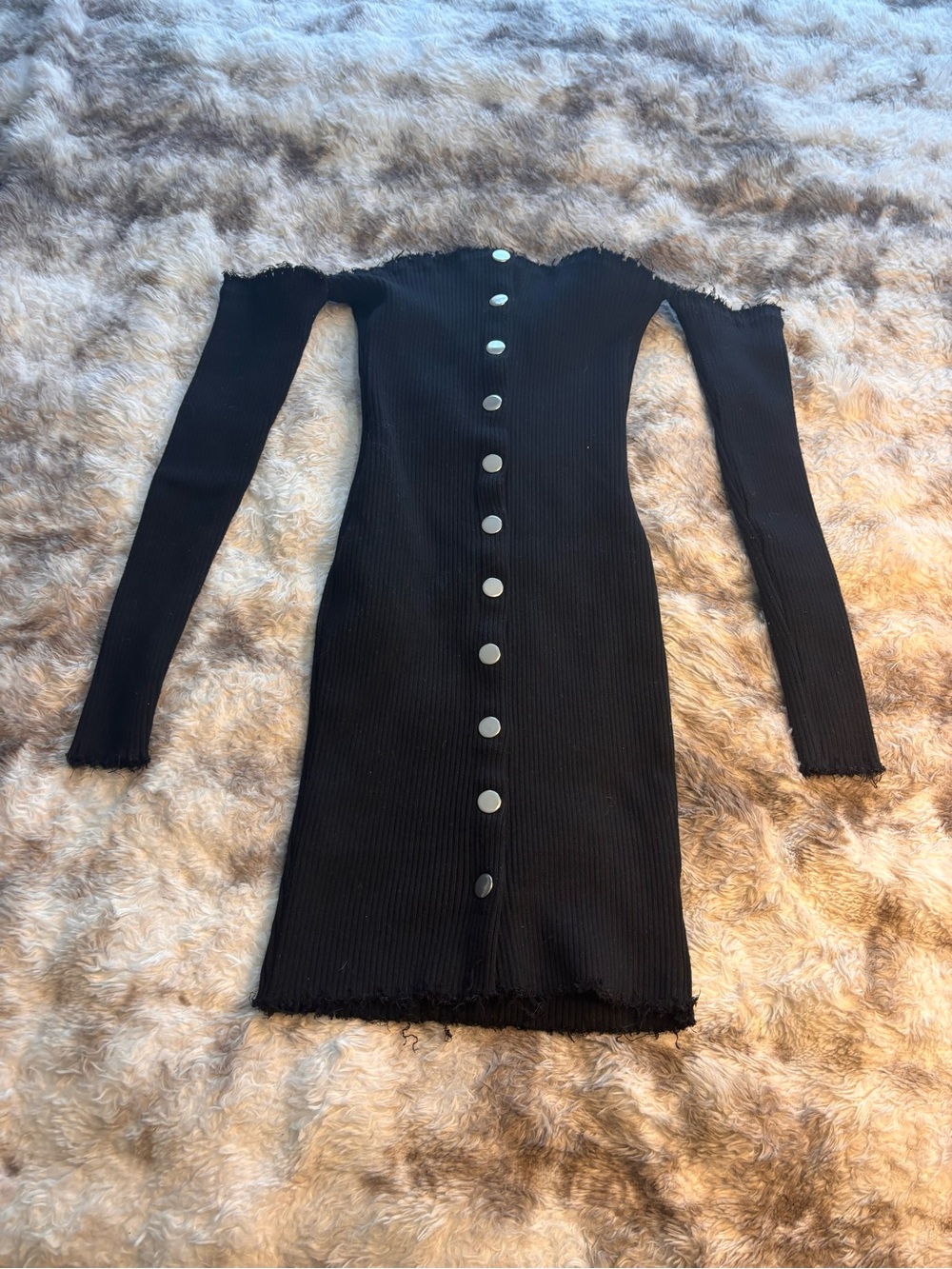 Better Be Black Off-Shoulder Ribbed Button-Front Bodycon Dress